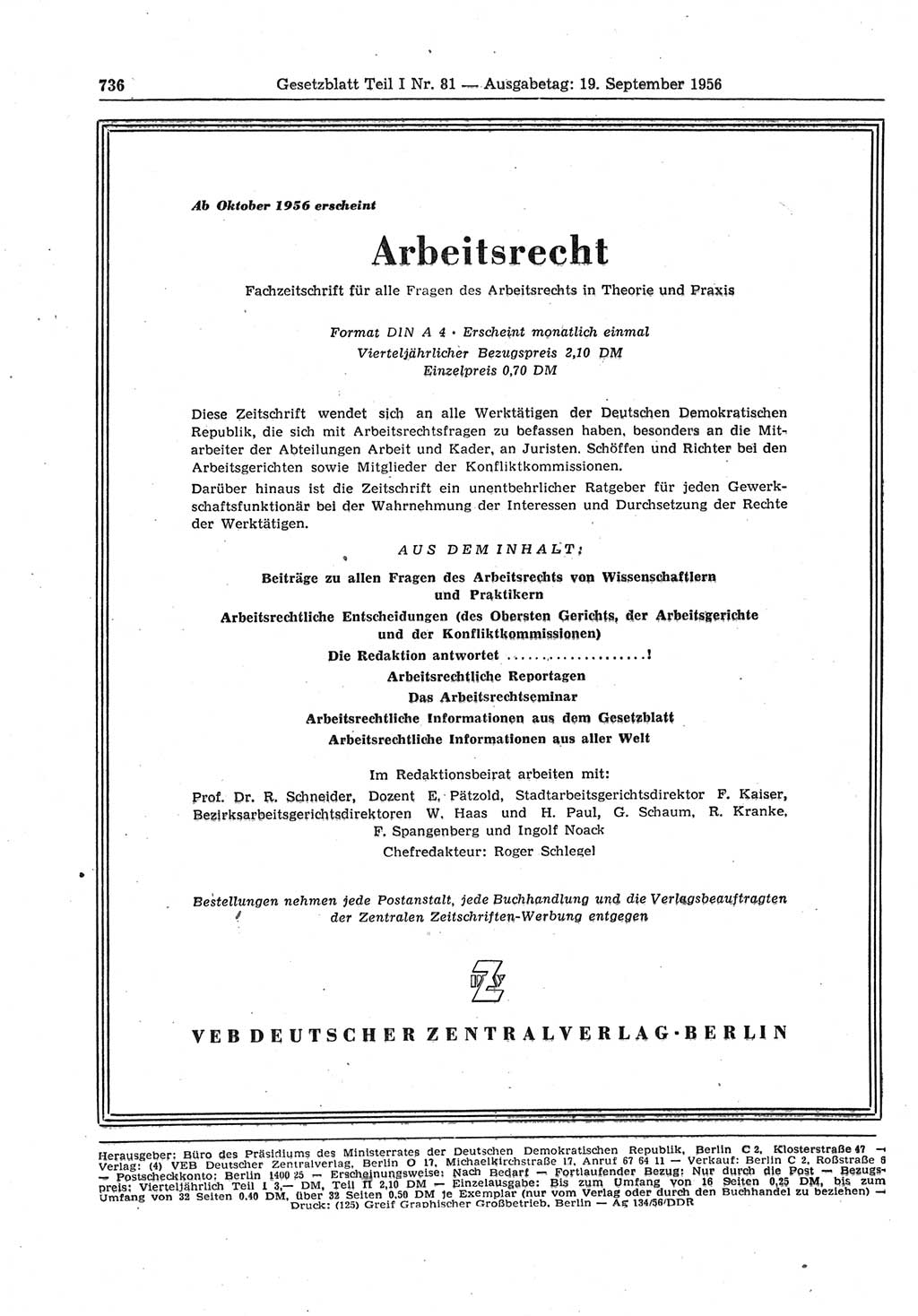 Gesetzblatt (GBl.) der Deutschen Demokratischen Republik (DDR) Teil Ⅰ 1956, Seite 736 (GBl. DDR Ⅰ 1956, S. 736)