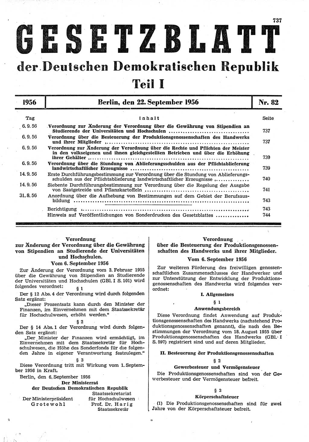 Gesetzblatt (GBl.) der Deutschen Demokratischen Republik (DDR) Teil Ⅰ 1956, Seite 737 (GBl. DDR Ⅰ 1956, S. 737)