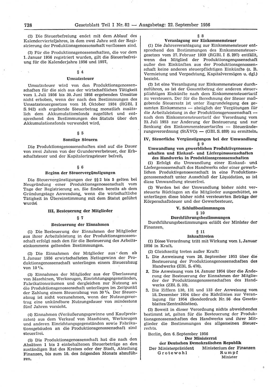 Gesetzblatt (GBl.) der Deutschen Demokratischen Republik (DDR) Teil Ⅰ 1956, Seite 738 (GBl. DDR Ⅰ 1956, S. 738)