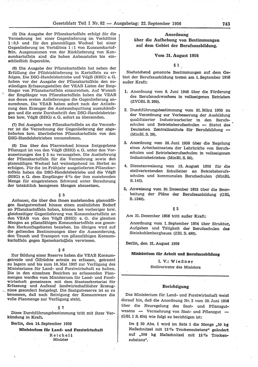 Gesetzblatt (GBl.) der Deutschen Demokratischen Republik (DDR) Teil Ⅰ 1956, Seite 743 (GBl. DDR Ⅰ 1956, S. 743)