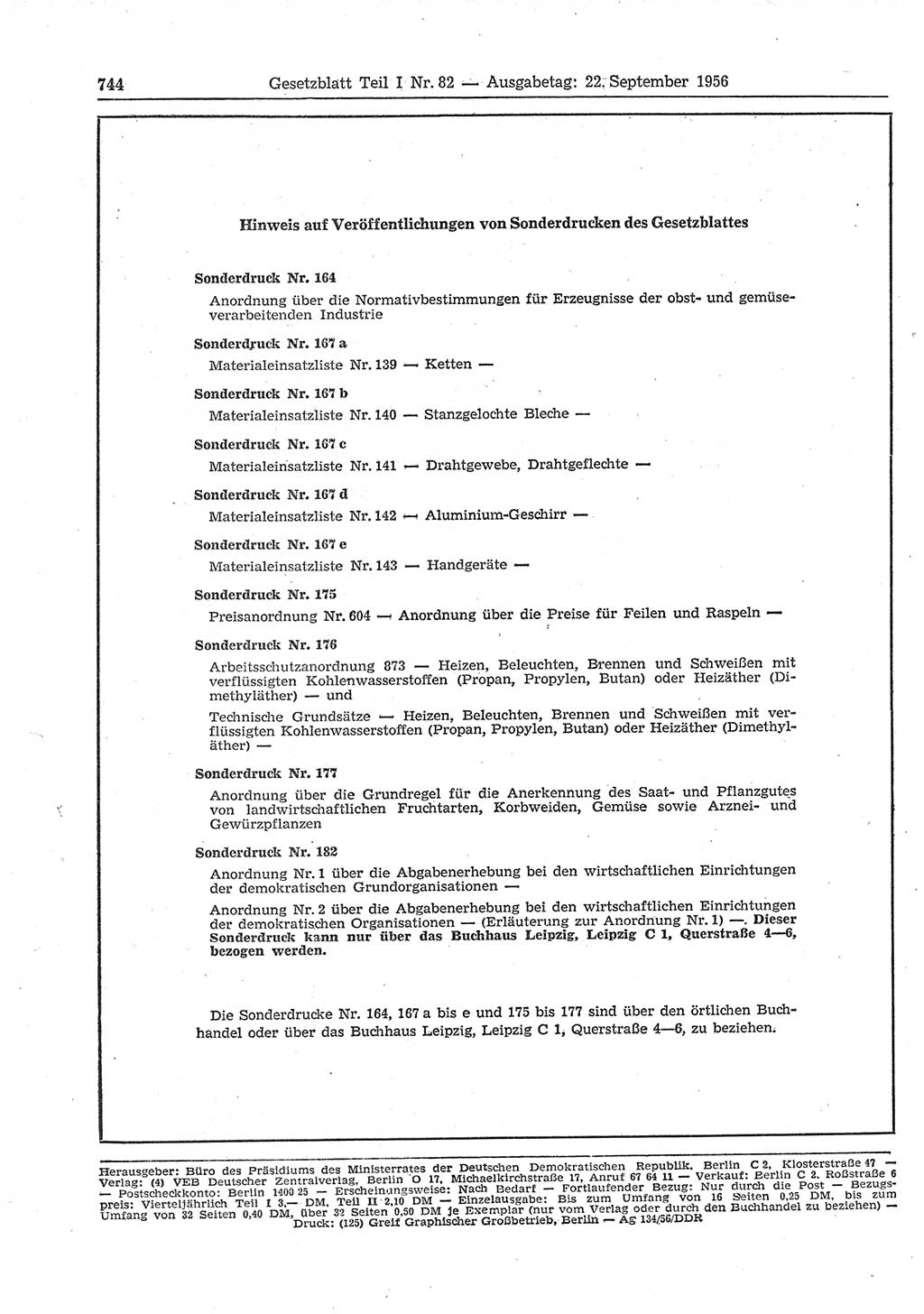 Gesetzblatt (GBl.) der Deutschen Demokratischen Republik (DDR) Teil Ⅰ 1956, Seite 744 (GBl. DDR Ⅰ 1956, S. 744)