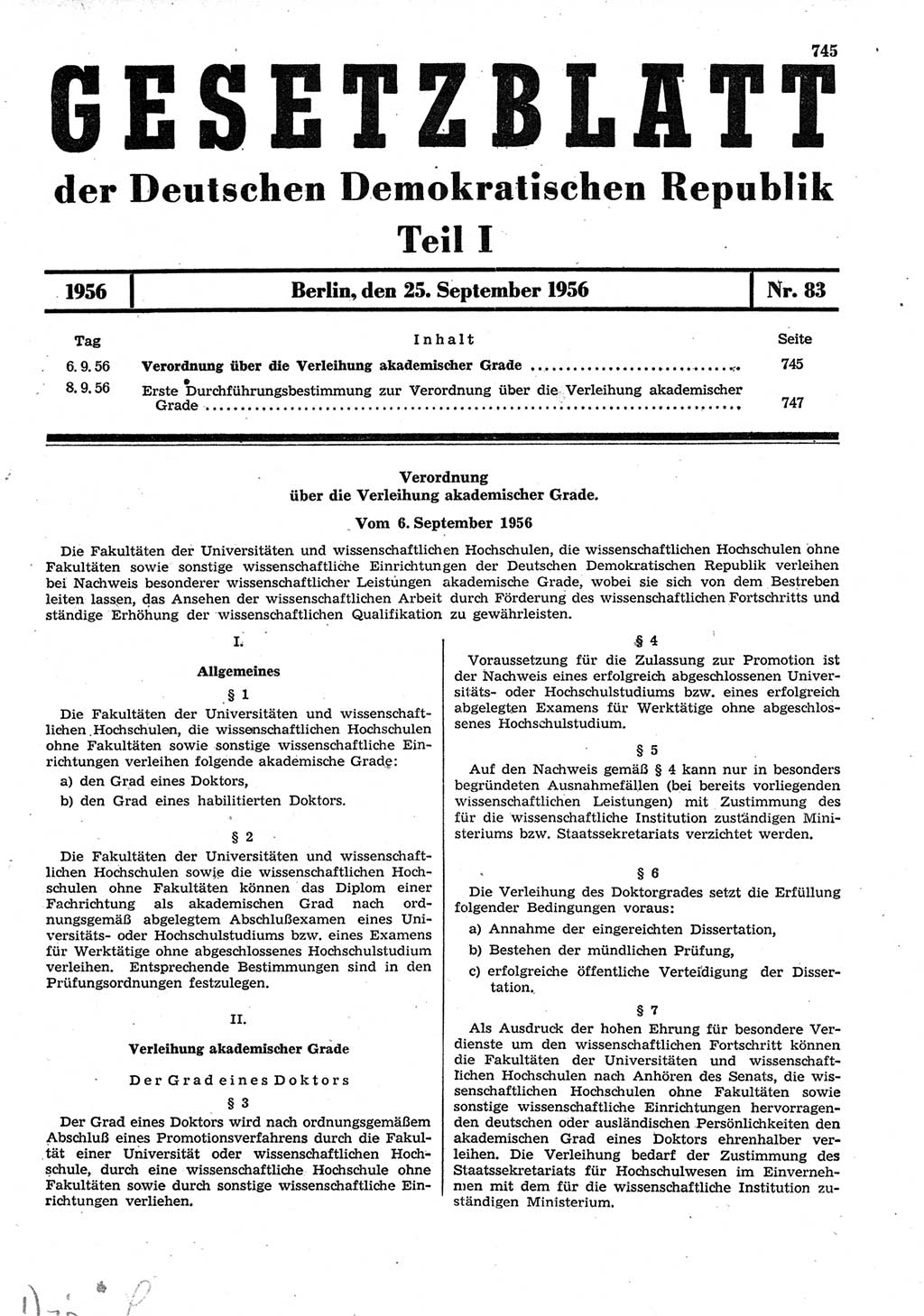 Gesetzblatt (GBl.) der Deutschen Demokratischen Republik (DDR) Teil Ⅰ 1956, Seite 745 (GBl. DDR Ⅰ 1956, S. 745)