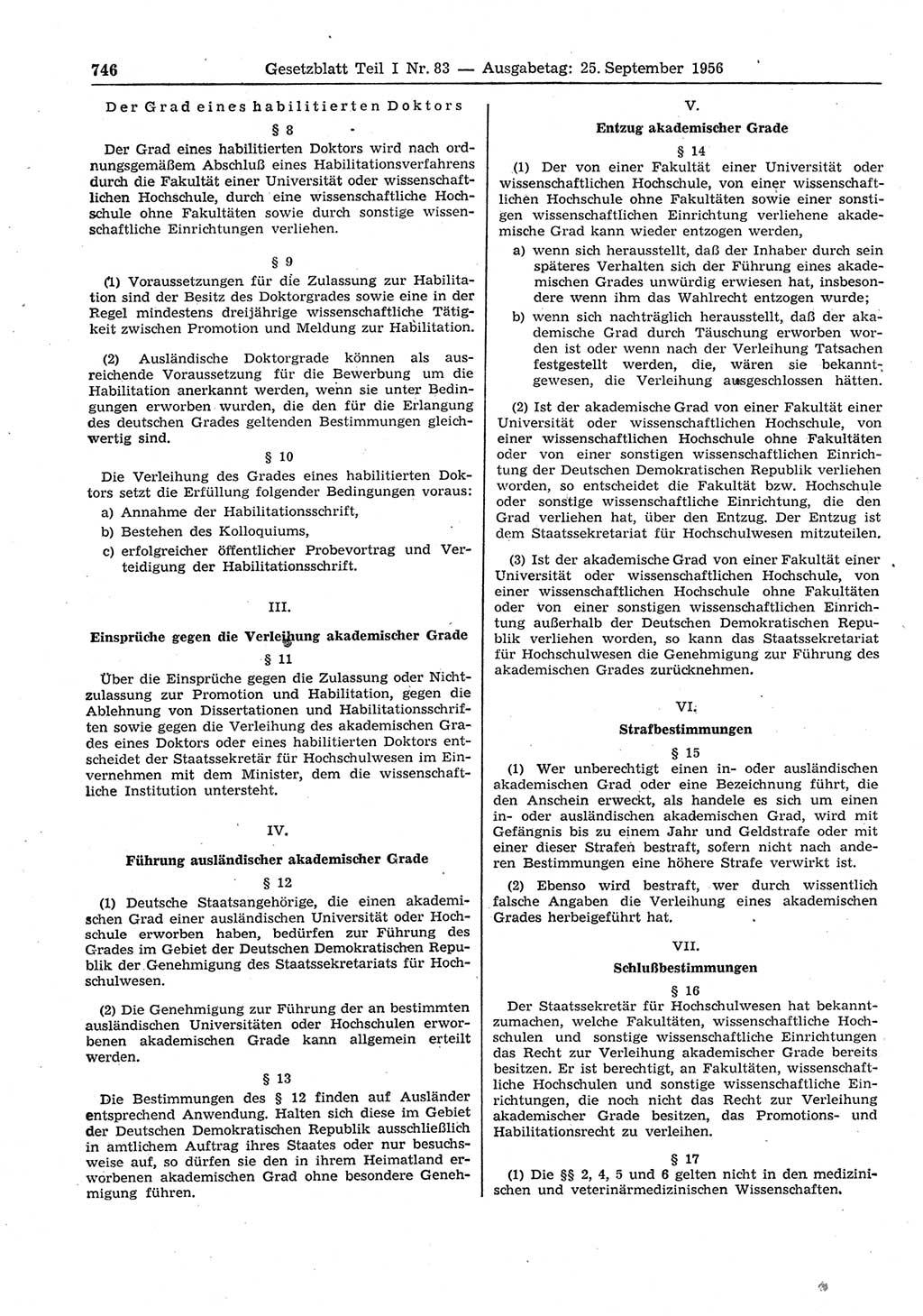 Gesetzblatt (GBl.) der Deutschen Demokratischen Republik (DDR) Teil Ⅰ 1956, Seite 746 (GBl. DDR Ⅰ 1956, S. 746)