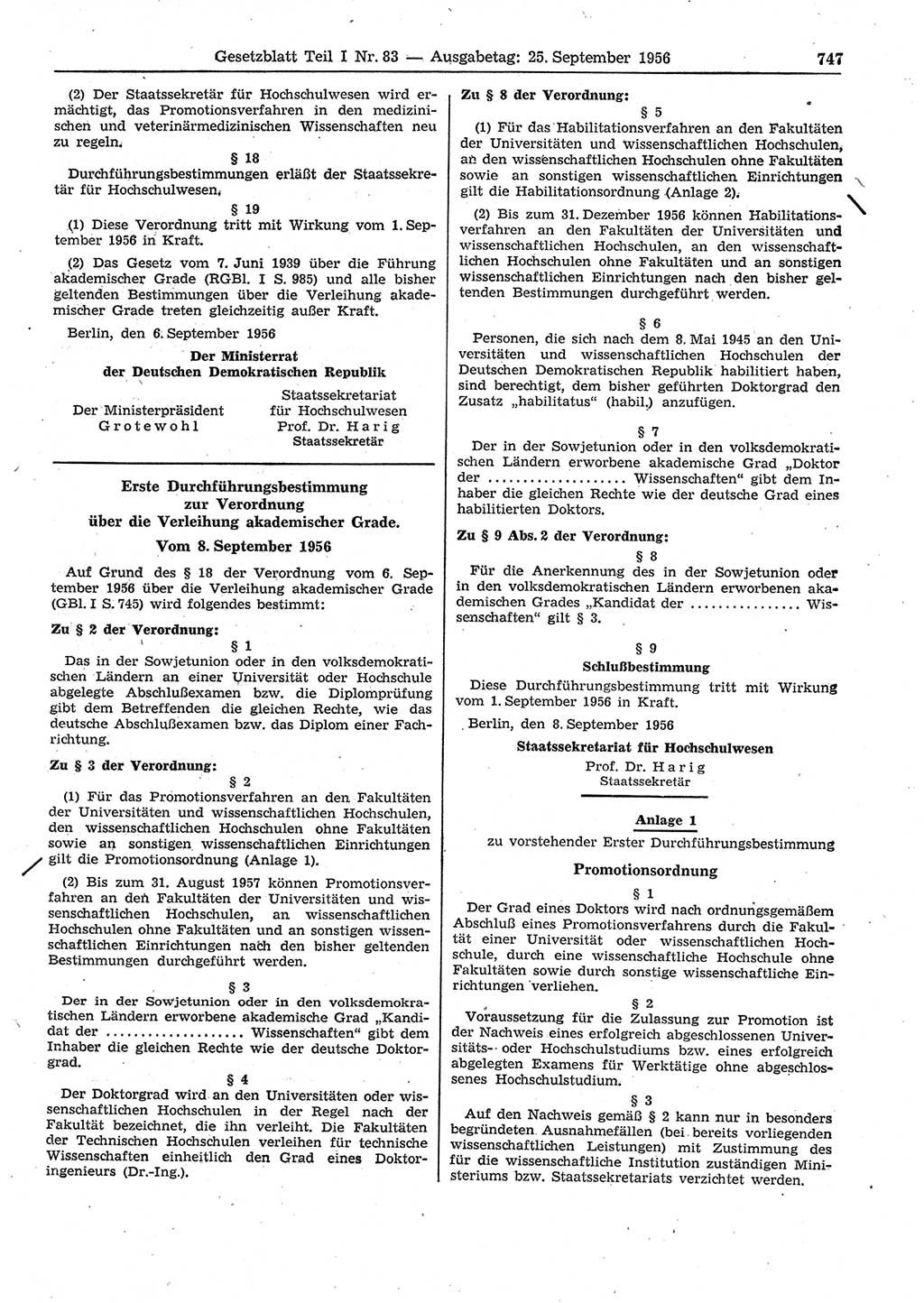 Gesetzblatt (GBl.) der Deutschen Demokratischen Republik (DDR) Teil Ⅰ 1956, Seite 747 (GBl. DDR Ⅰ 1956, S. 747)