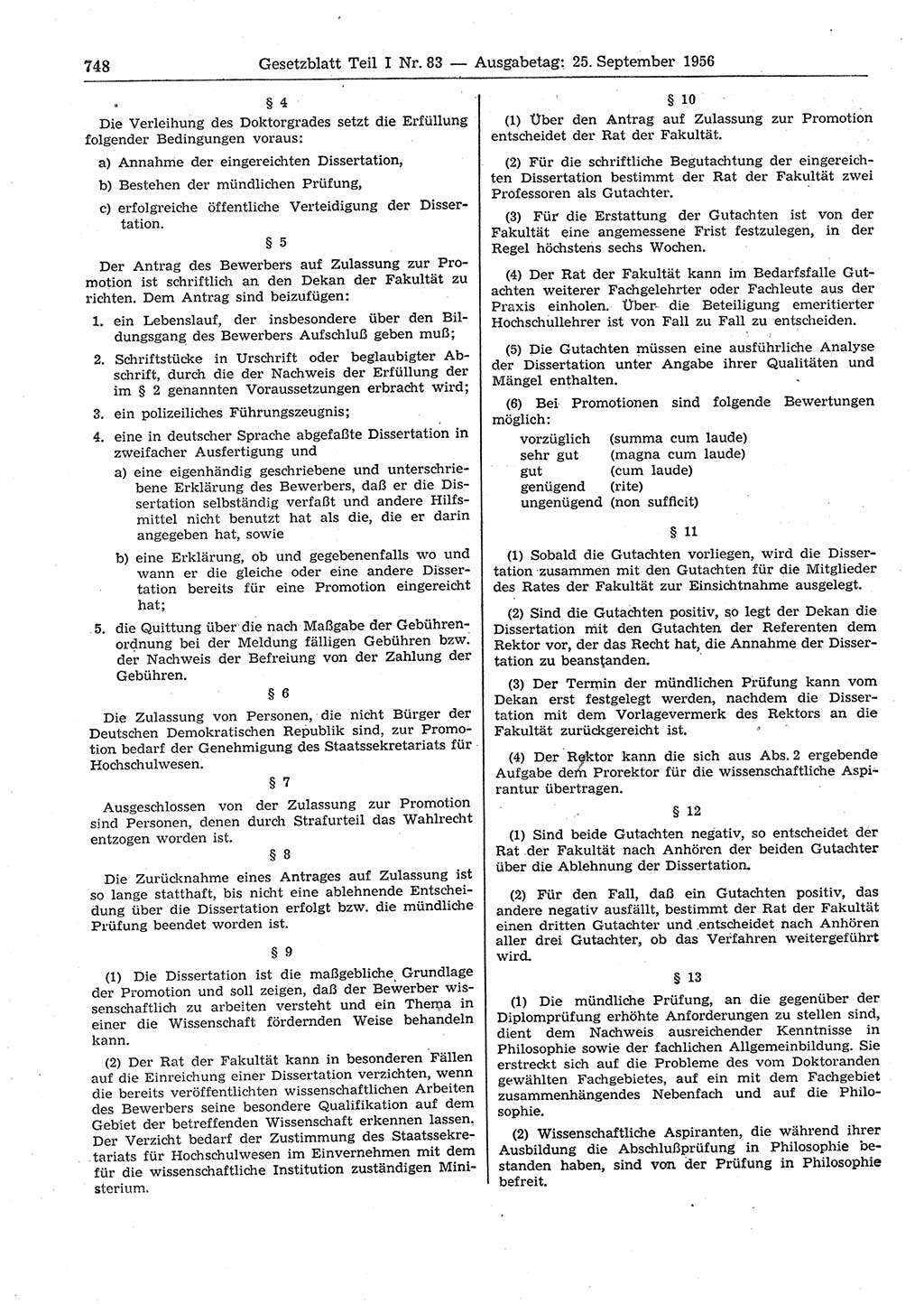 Gesetzblatt (GBl.) der Deutschen Demokratischen Republik (DDR) Teil Ⅰ 1956, Seite 748 (GBl. DDR Ⅰ 1956, S. 748)