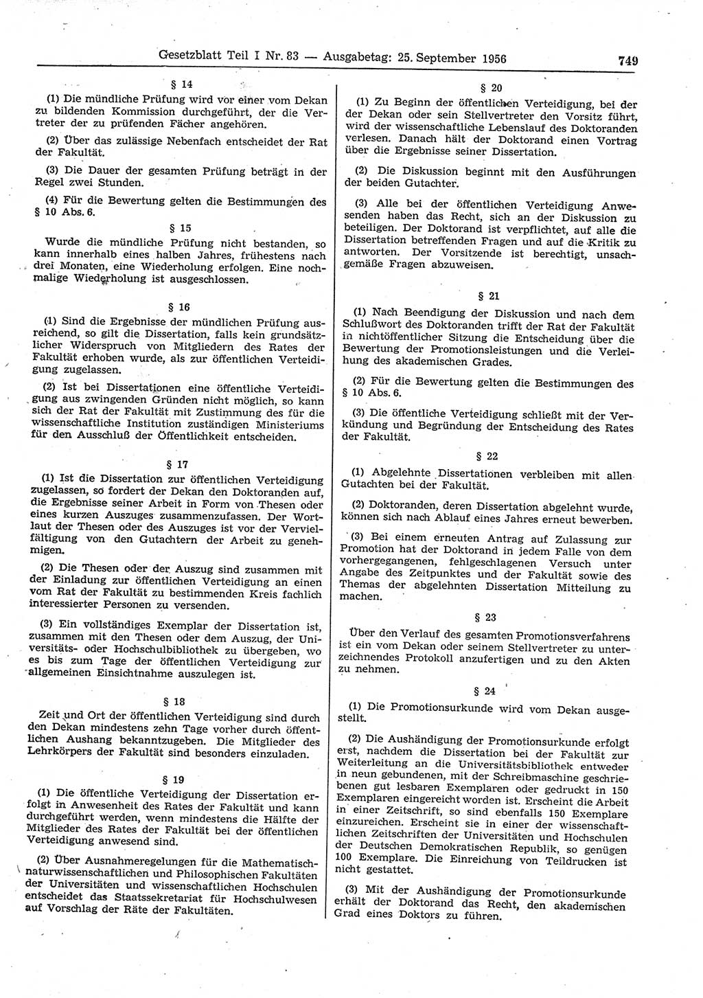 Gesetzblatt (GBl.) der Deutschen Demokratischen Republik (DDR) Teil Ⅰ 1956, Seite 749 (GBl. DDR Ⅰ 1956, S. 749)