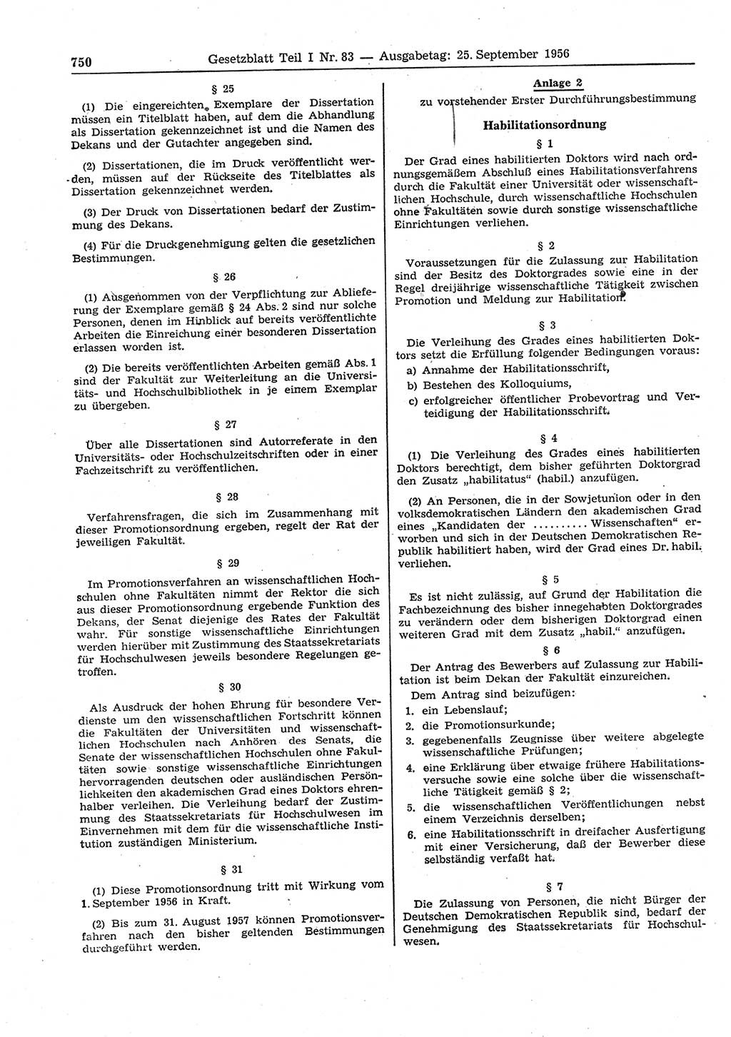 Gesetzblatt (GBl.) der Deutschen Demokratischen Republik (DDR) Teil Ⅰ 1956, Seite 750 (GBl. DDR Ⅰ 1956, S. 750)