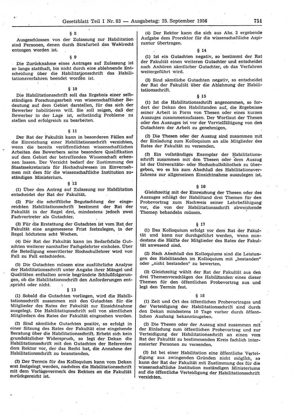 Gesetzblatt (GBl.) der Deutschen Demokratischen Republik (DDR) Teil Ⅰ 1956, Seite 751 (GBl. DDR Ⅰ 1956, S. 751)