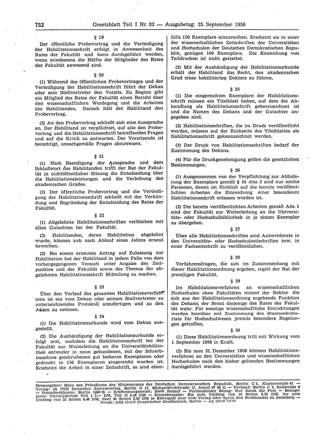 Gesetzblatt (GBl.) der Deutschen Demokratischen Republik (DDR) Teil Ⅰ 1956, Seite 752 (GBl. DDR Ⅰ 1956, S. 752)
