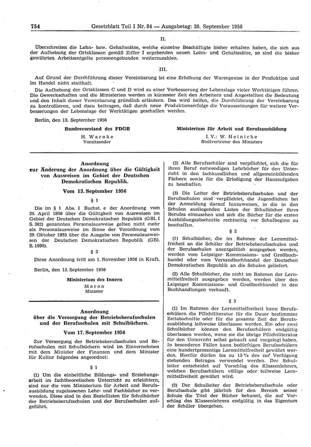 Gesetzblatt (GBl.) der Deutschen Demokratischen Republik (DDR) Teil Ⅰ 1956, Seite 754 (GBl. DDR Ⅰ 1956, S. 754)