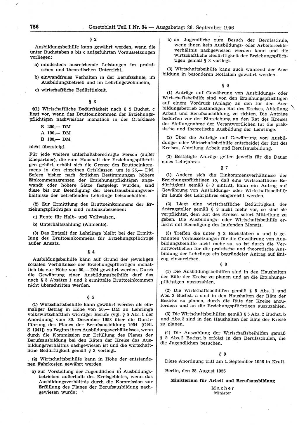 Gesetzblatt (GBl.) der Deutschen Demokratischen Republik (DDR) Teil Ⅰ 1956, Seite 756 (GBl. DDR Ⅰ 1956, S. 756)
