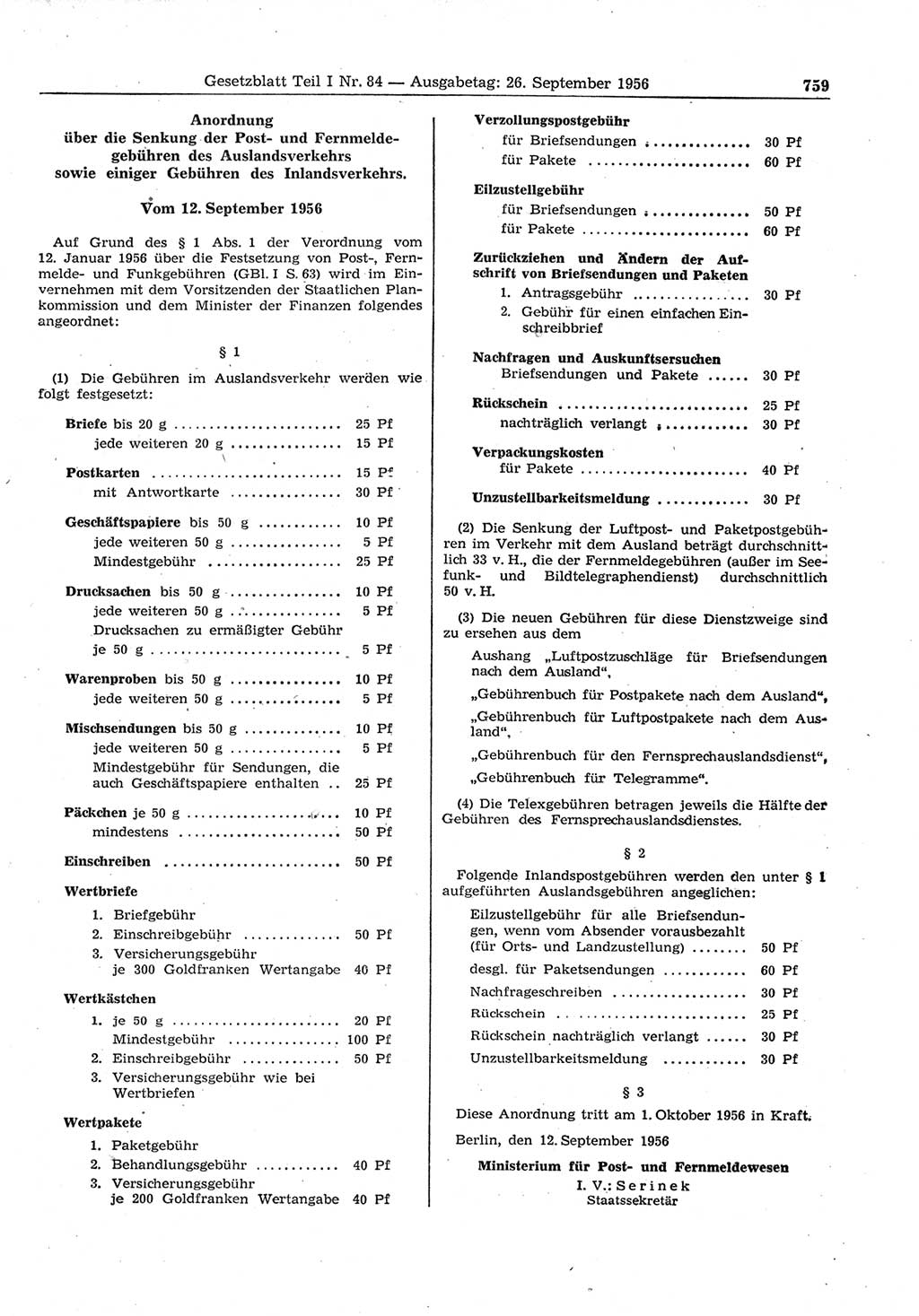 Gesetzblatt (GBl.) der Deutschen Demokratischen Republik (DDR) Teil Ⅰ 1956, Seite 759 (GBl. DDR Ⅰ 1956, S. 759)