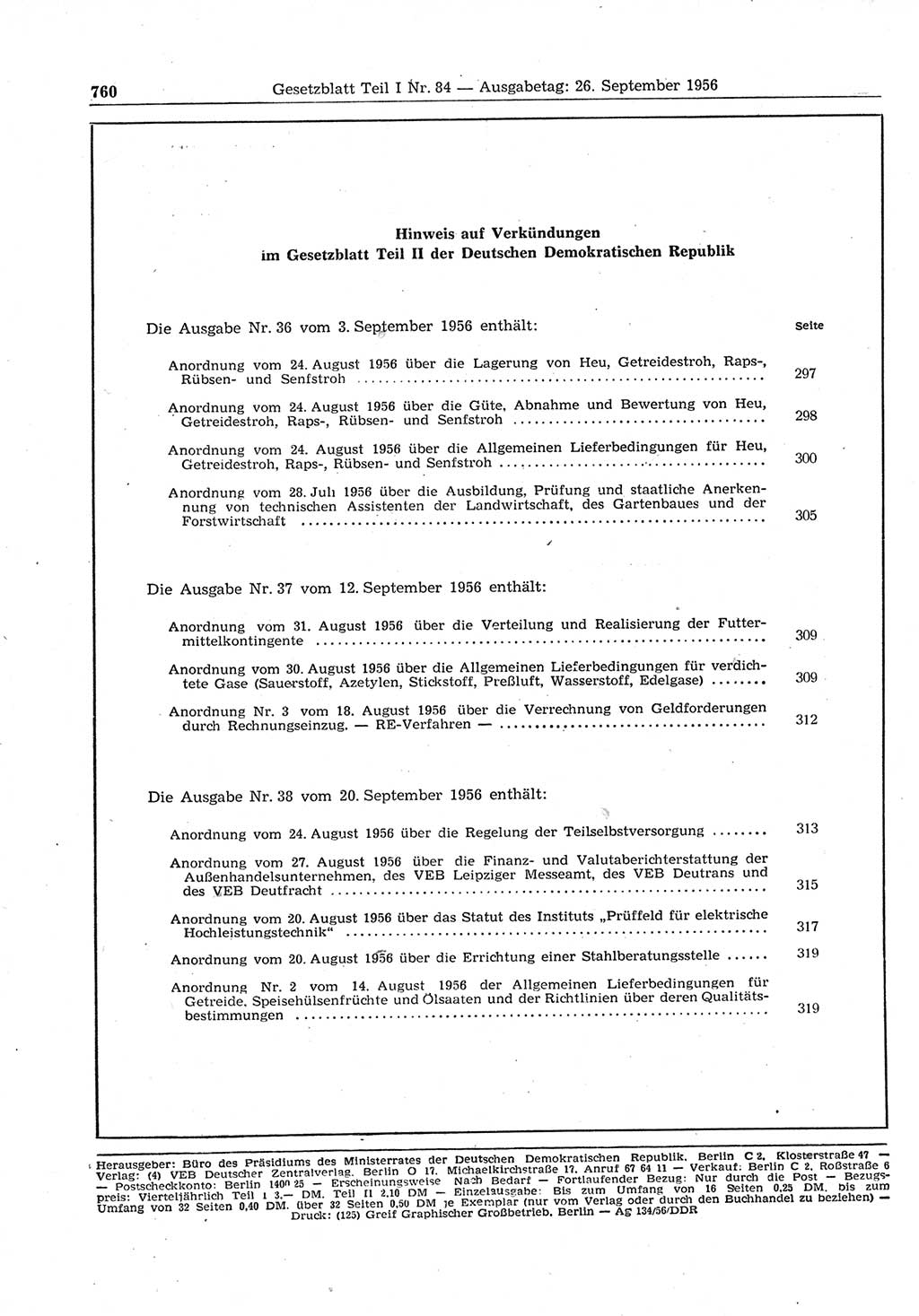 Gesetzblatt (GBl.) der Deutschen Demokratischen Republik (DDR) Teil Ⅰ 1956, Seite 760 (GBl. DDR Ⅰ 1956, S. 760)