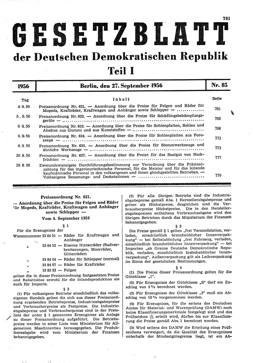 Gesetzblatt (GBl.) der Deutschen Demokratischen Republik (DDR) Teil Ⅰ 1956, Seite 761 (GBl. DDR Ⅰ 1956, S. 761)