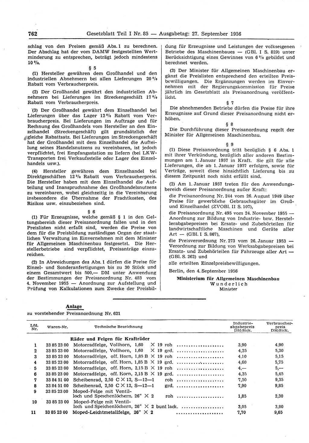 Gesetzblatt (GBl.) der Deutschen Demokratischen Republik (DDR) Teil Ⅰ 1956, Seite 762 (GBl. DDR Ⅰ 1956, S. 762)
