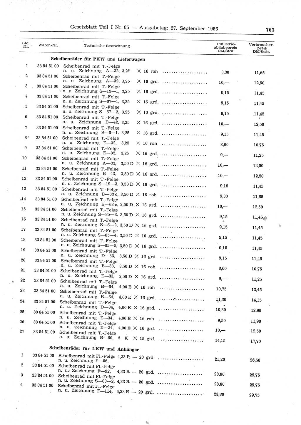 Gesetzblatt (GBl.) der Deutschen Demokratischen Republik (DDR) Teil Ⅰ 1956, Seite 763 (GBl. DDR Ⅰ 1956, S. 763)