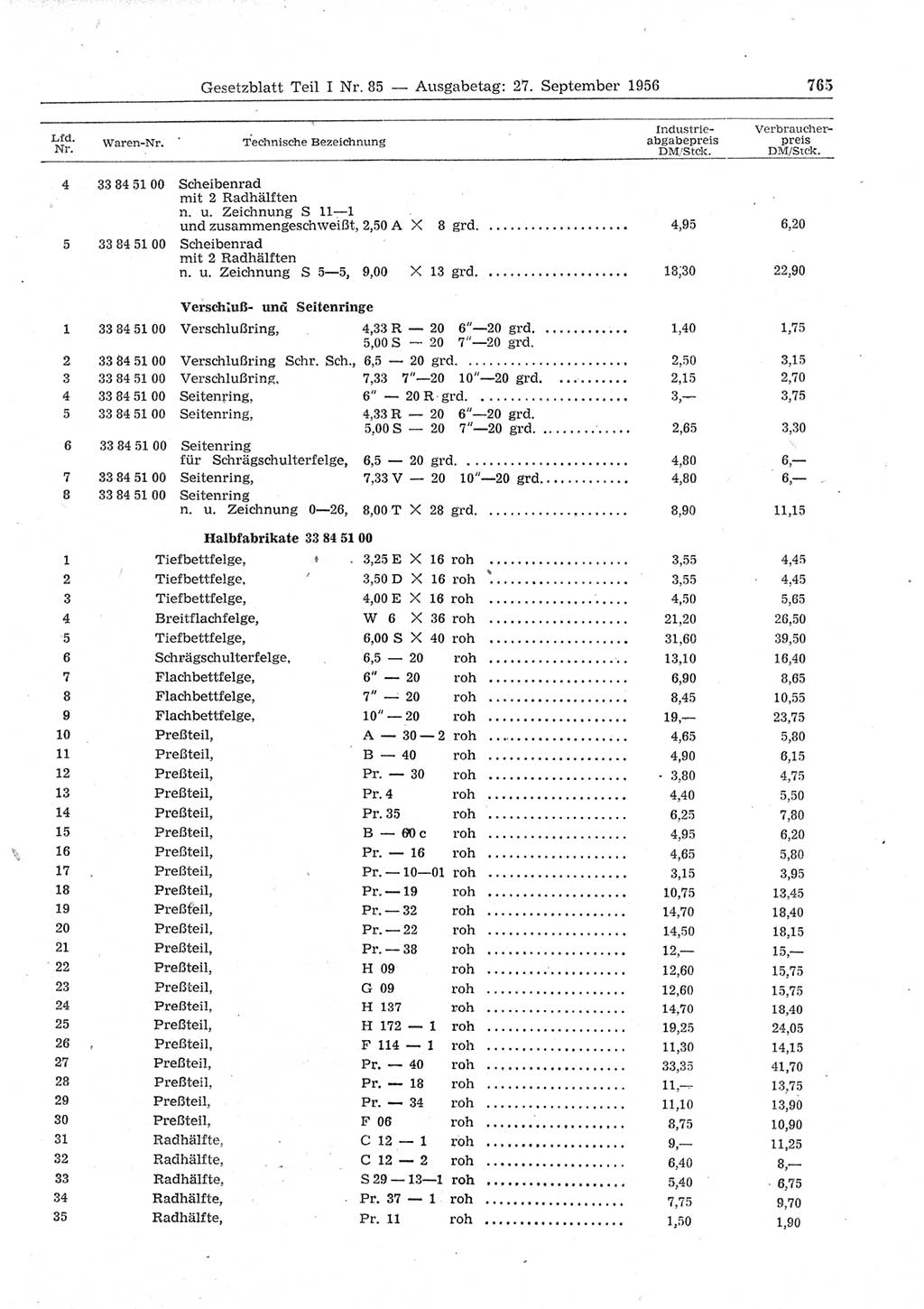 Gesetzblatt (GBl.) der Deutschen Demokratischen Republik (DDR) Teil Ⅰ 1956, Seite 765 (GBl. DDR Ⅰ 1956, S. 765)