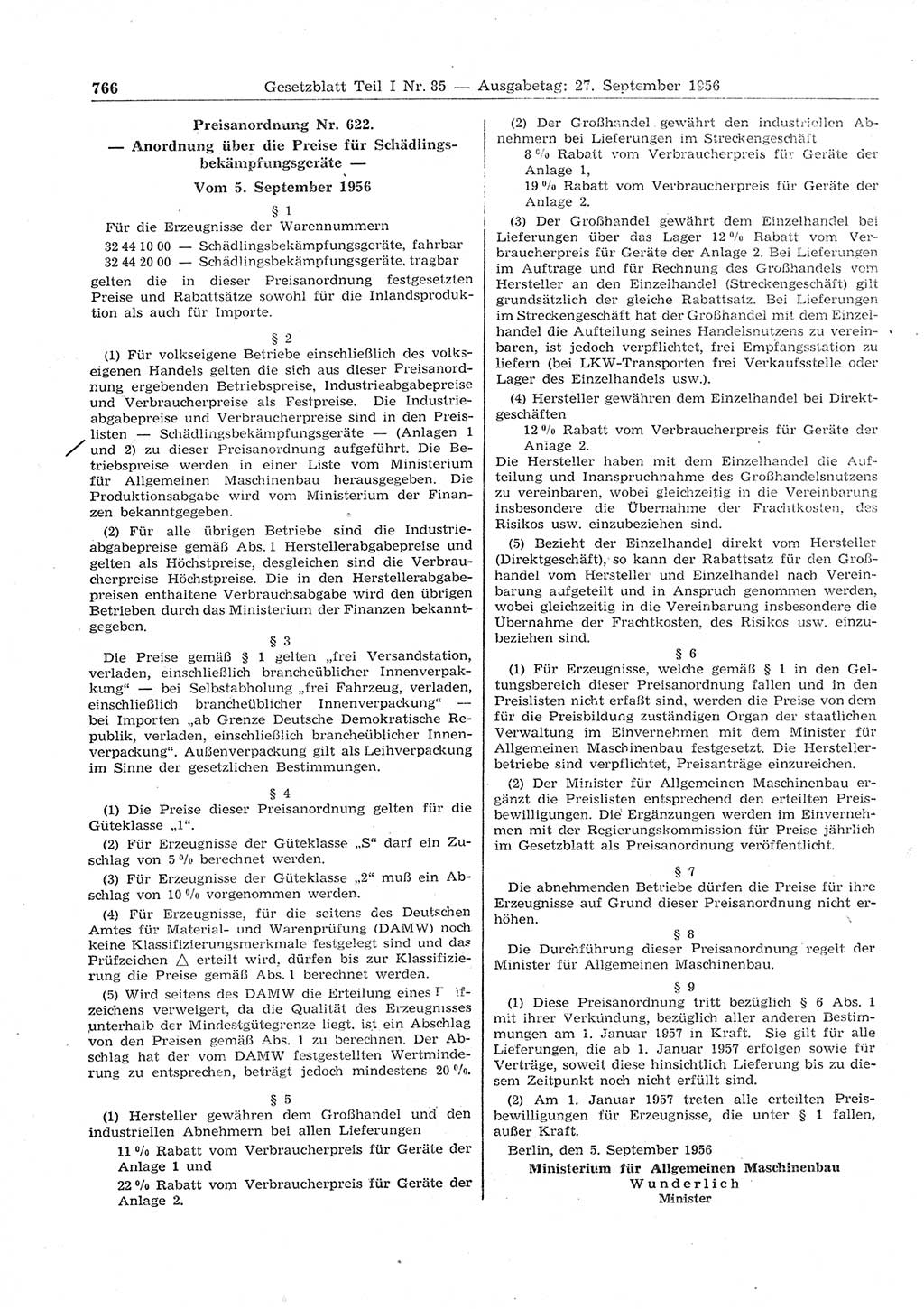 Gesetzblatt (GBl.) der Deutschen Demokratischen Republik (DDR) Teil Ⅰ 1956, Seite 766 (GBl. DDR Ⅰ 1956, S. 766)