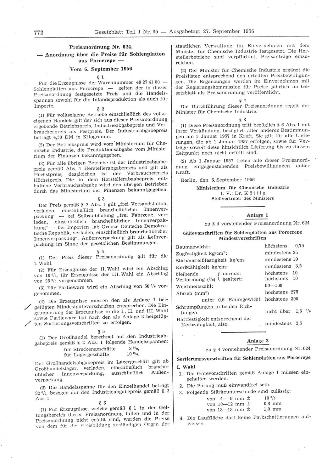Gesetzblatt (GBl.) der Deutschen Demokratischen Republik (DDR) Teil Ⅰ 1956, Seite 772 (GBl. DDR Ⅰ 1956, S. 772)