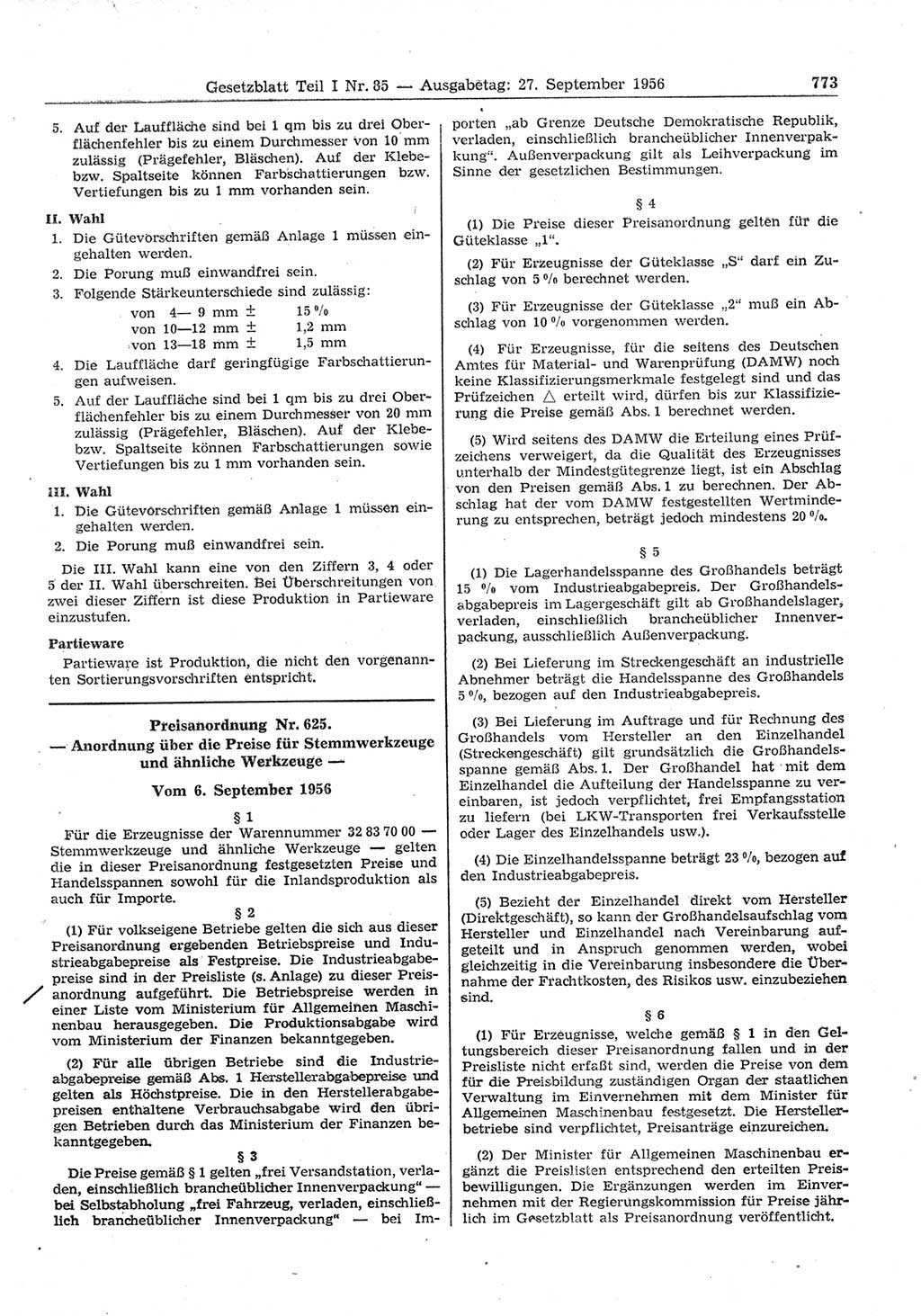 Gesetzblatt (GBl.) der Deutschen Demokratischen Republik (DDR) Teil Ⅰ 1956, Seite 773 (GBl. DDR Ⅰ 1956, S. 773)