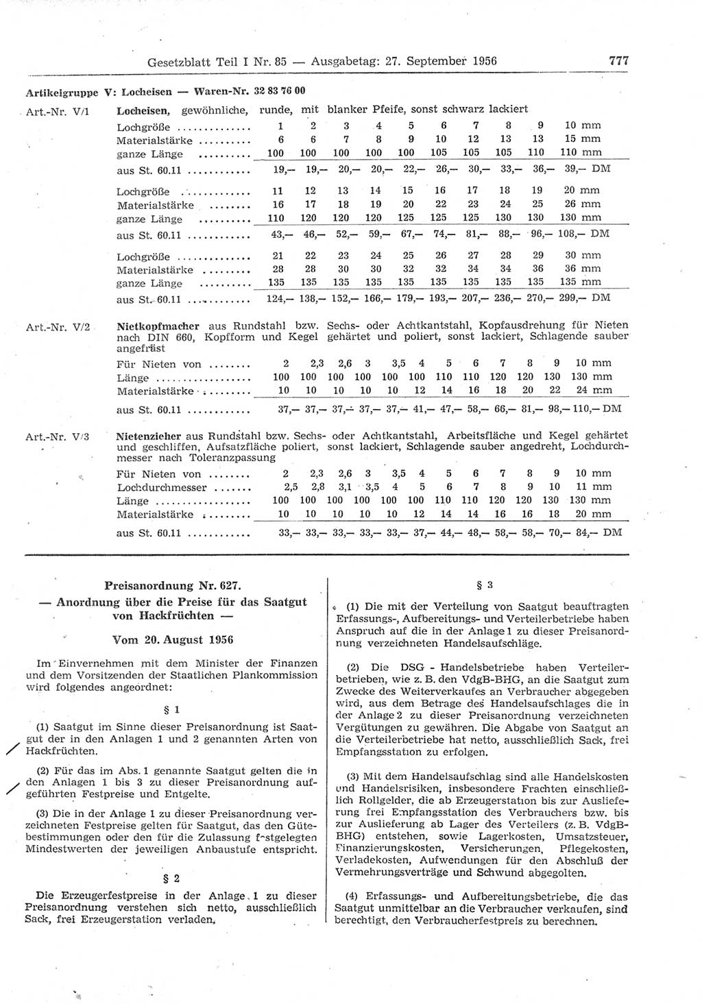 Gesetzblatt (GBl.) der Deutschen Demokratischen Republik (DDR) Teil Ⅰ 1956, Seite 777 (GBl. DDR Ⅰ 1956, S. 777)