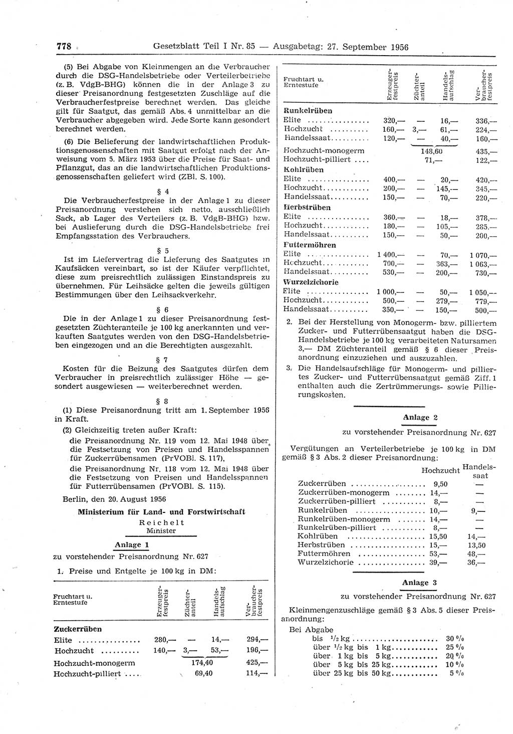 Gesetzblatt (GBl.) der Deutschen Demokratischen Republik (DDR) Teil Ⅰ 1956, Seite 778 (GBl. DDR Ⅰ 1956, S. 778)