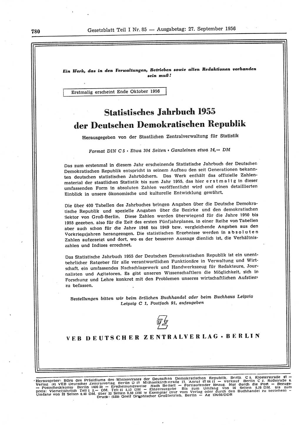 Gesetzblatt (GBl.) der Deutschen Demokratischen Republik (DDR) Teil Ⅰ 1956, Seite 780 (GBl. DDR Ⅰ 1956, S. 780)