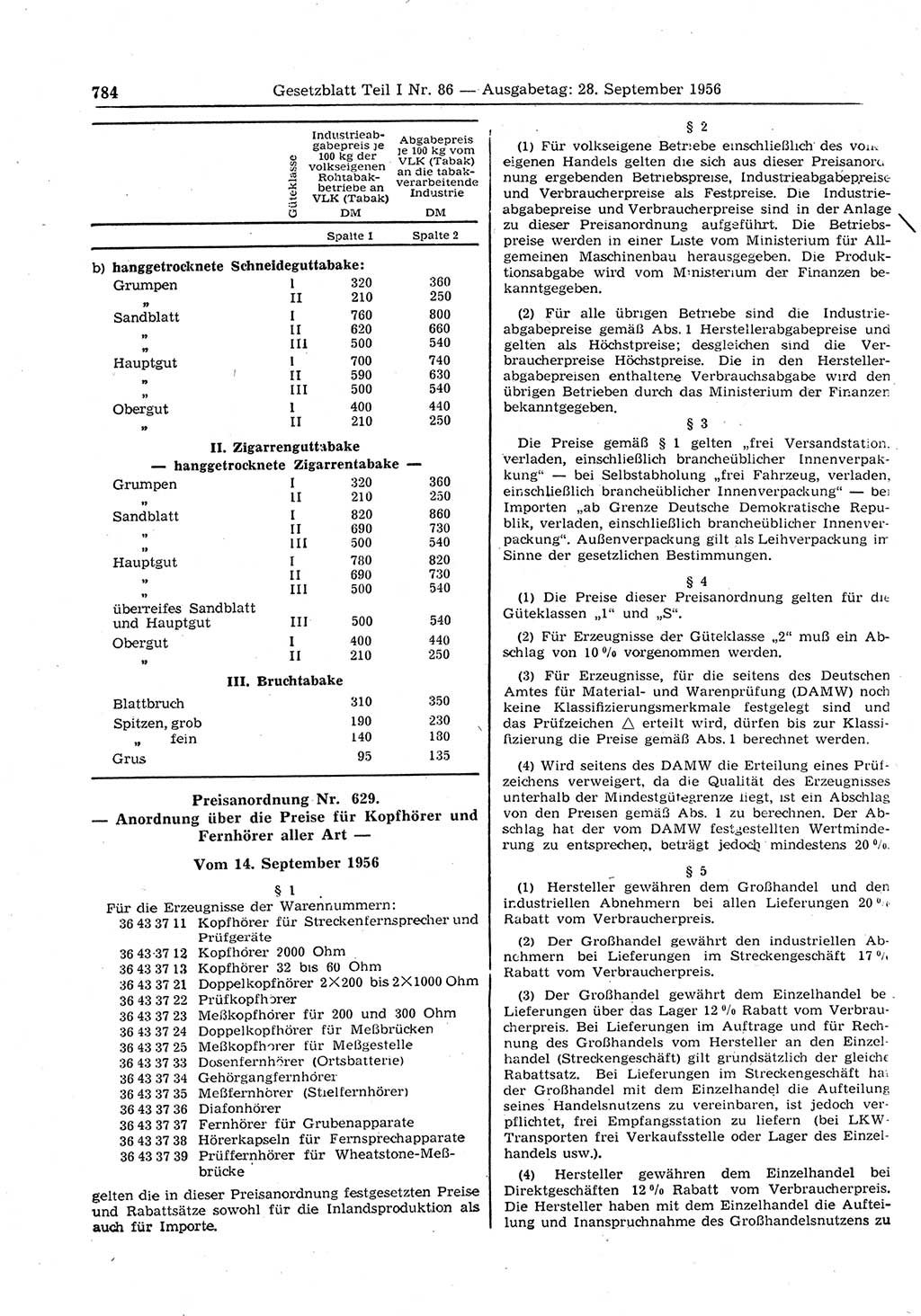 Gesetzblatt (GBl.) der Deutschen Demokratischen Republik (DDR) Teil Ⅰ 1956, Seite 784 (GBl. DDR Ⅰ 1956, S. 784)