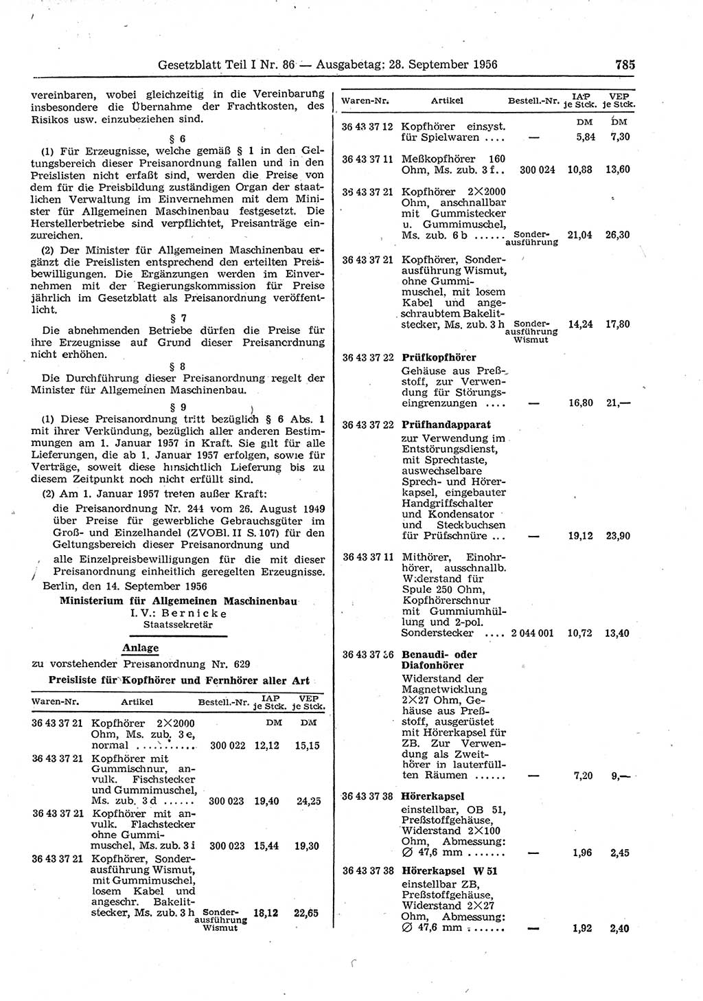 Gesetzblatt (GBl.) der Deutschen Demokratischen Republik (DDR) Teil Ⅰ 1956, Seite 785 (GBl. DDR Ⅰ 1956, S. 785)