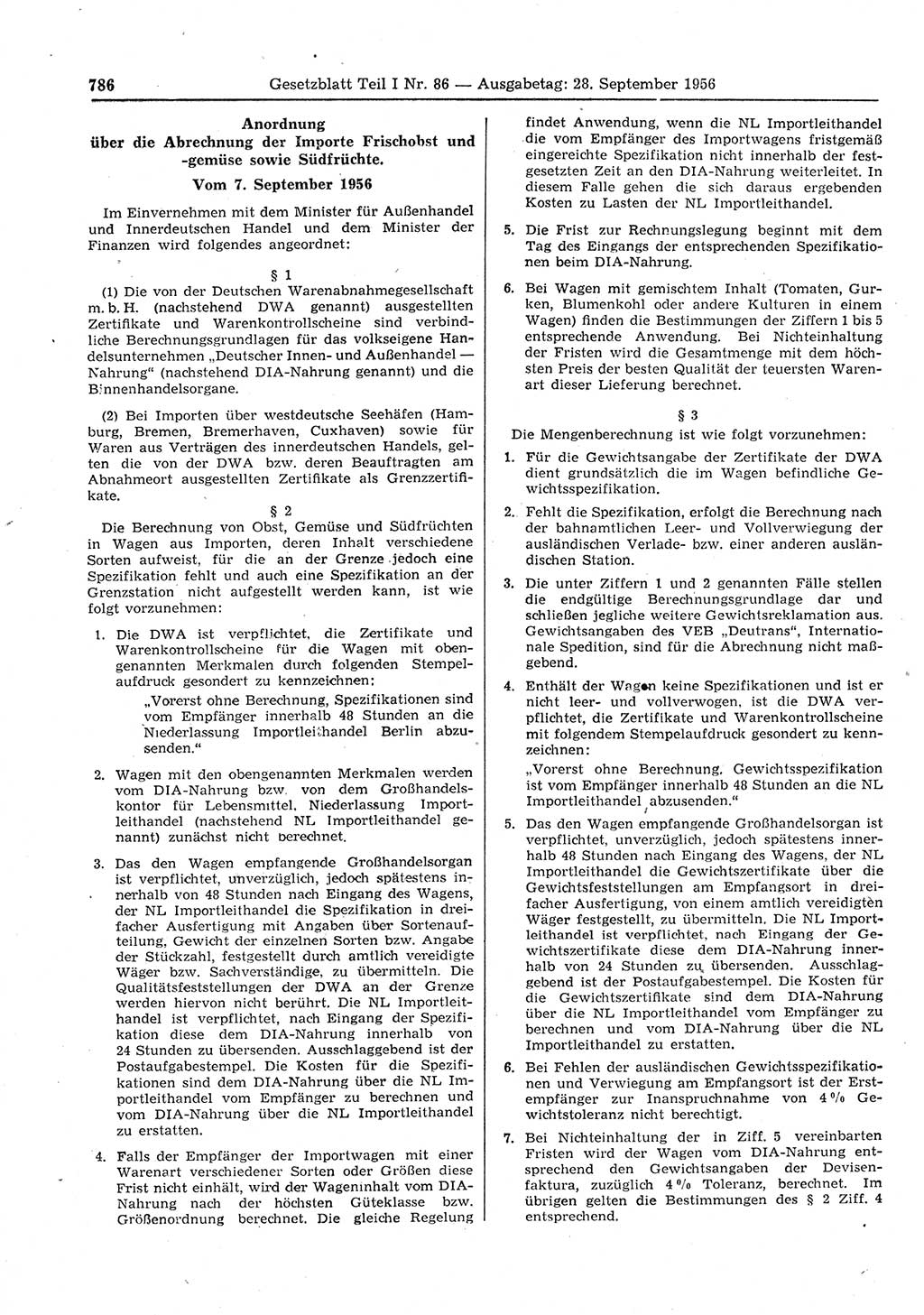 Gesetzblatt (GBl.) der Deutschen Demokratischen Republik (DDR) Teil Ⅰ 1956, Seite 786 (GBl. DDR Ⅰ 1956, S. 786)