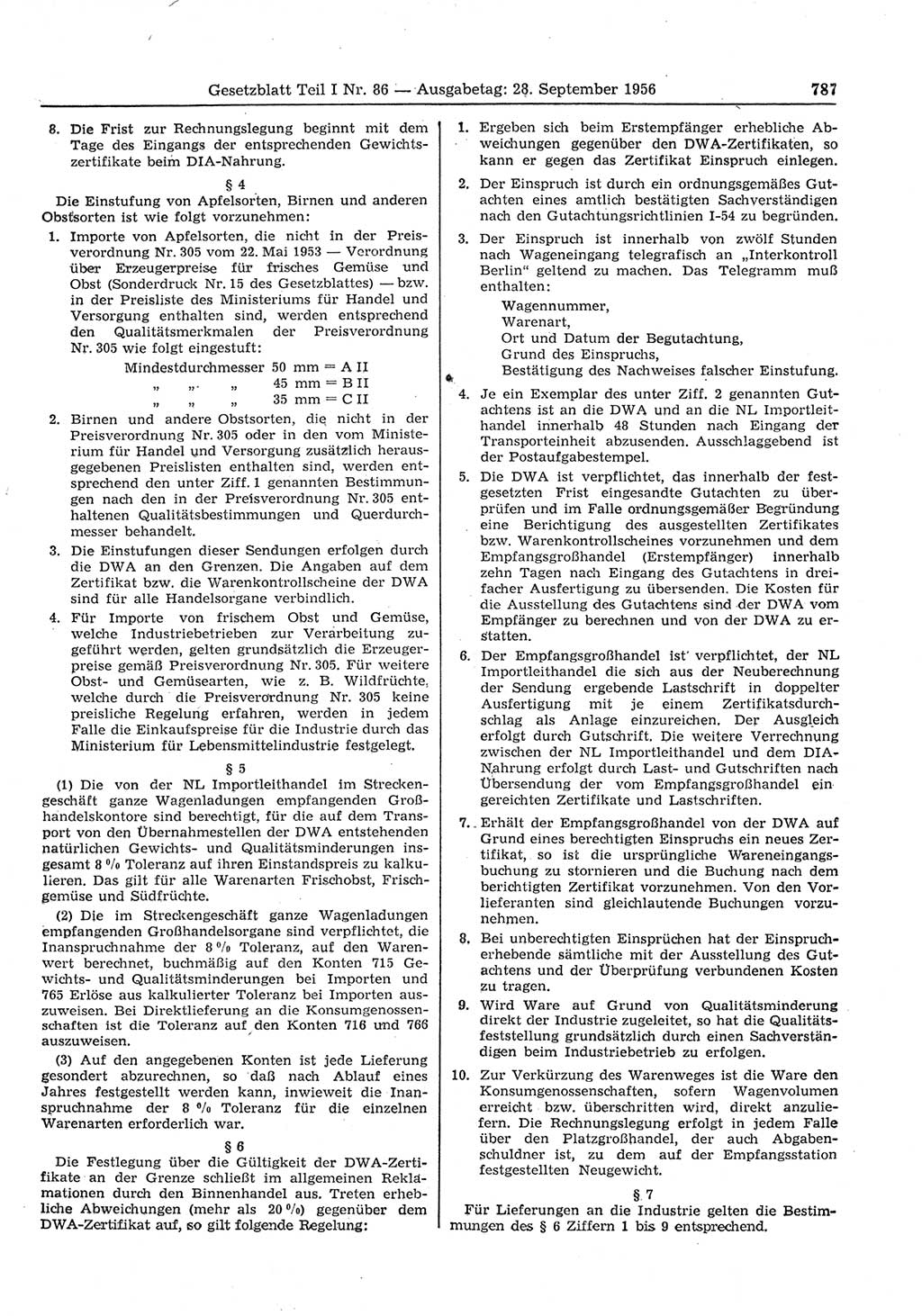 Gesetzblatt (GBl.) der Deutschen Demokratischen Republik (DDR) Teil Ⅰ 1956, Seite 787 (GBl. DDR Ⅰ 1956, S. 787)