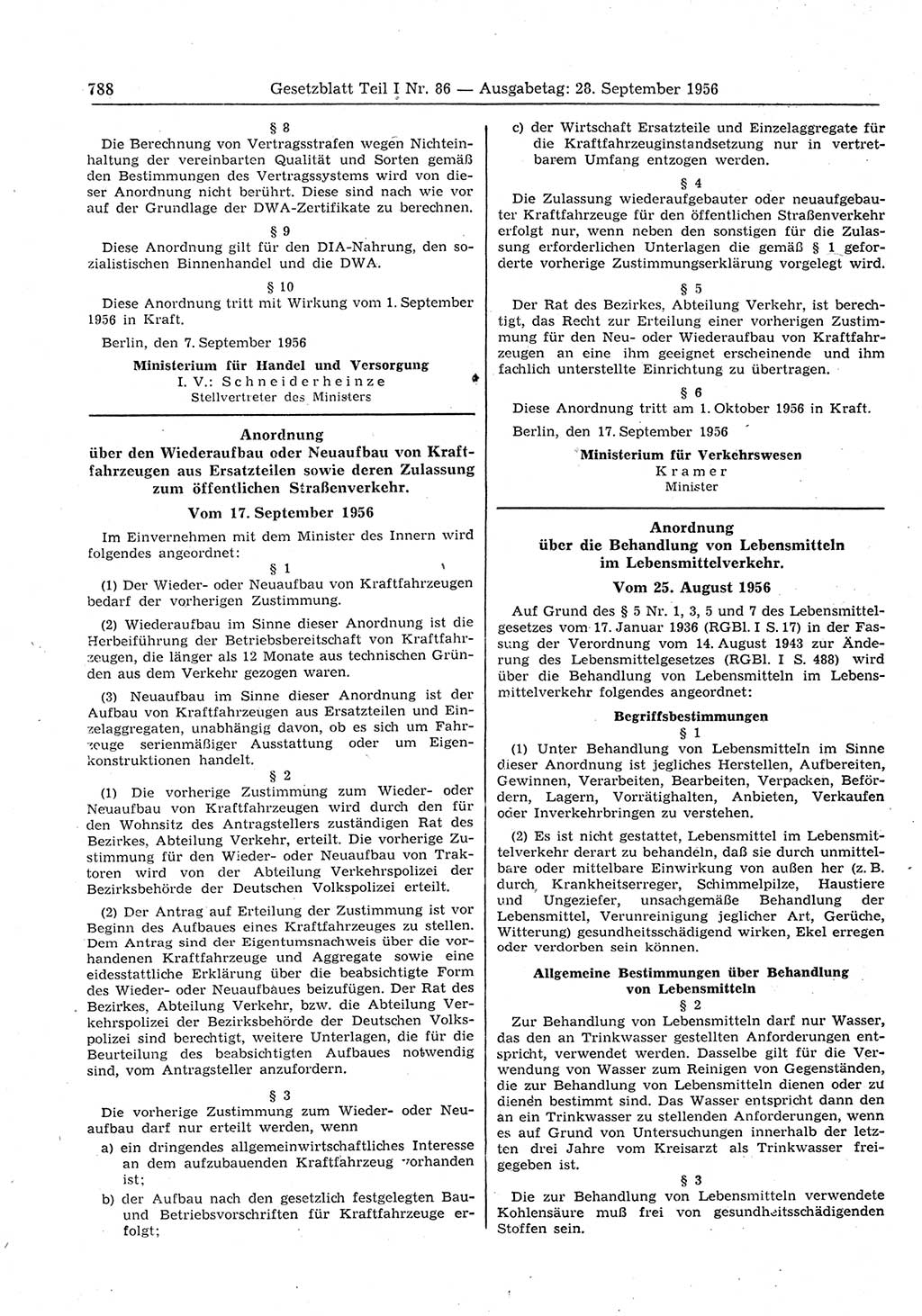 Gesetzblatt (GBl.) der Deutschen Demokratischen Republik (DDR) Teil Ⅰ 1956, Seite 788 (GBl. DDR Ⅰ 1956, S. 788)