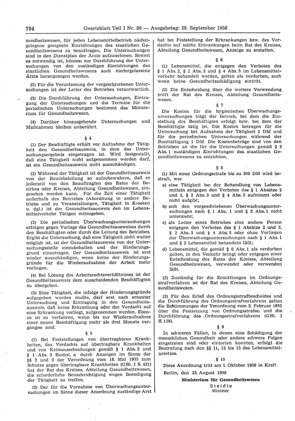 Gesetzblatt (GBl.) der Deutschen Demokratischen Republik (DDR) Teil Ⅰ 1956, Seite 794 (GBl. DDR Ⅰ 1956, S. 794)