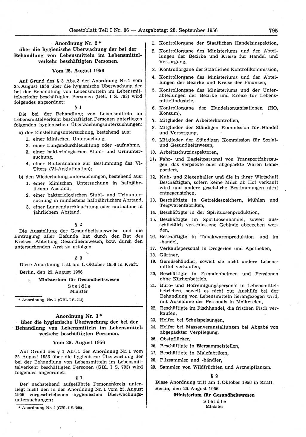 Gesetzblatt (GBl.) der Deutschen Demokratischen Republik (DDR) Teil Ⅰ 1956, Seite 795 (GBl. DDR Ⅰ 1956, S. 795)