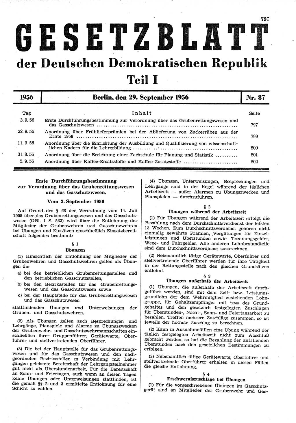 Gesetzblatt (GBl.) der Deutschen Demokratischen Republik (DDR) Teil Ⅰ 1956, Seite 797 (GBl. DDR Ⅰ 1956, S. 797)