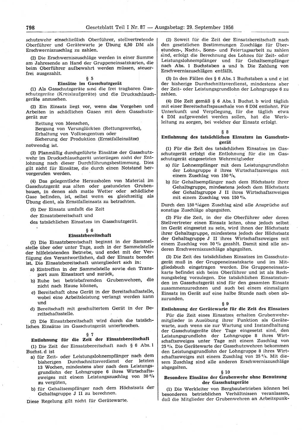 Gesetzblatt (GBl.) der Deutschen Demokratischen Republik (DDR) Teil Ⅰ 1956, Seite 798 (GBl. DDR Ⅰ 1956, S. 798)