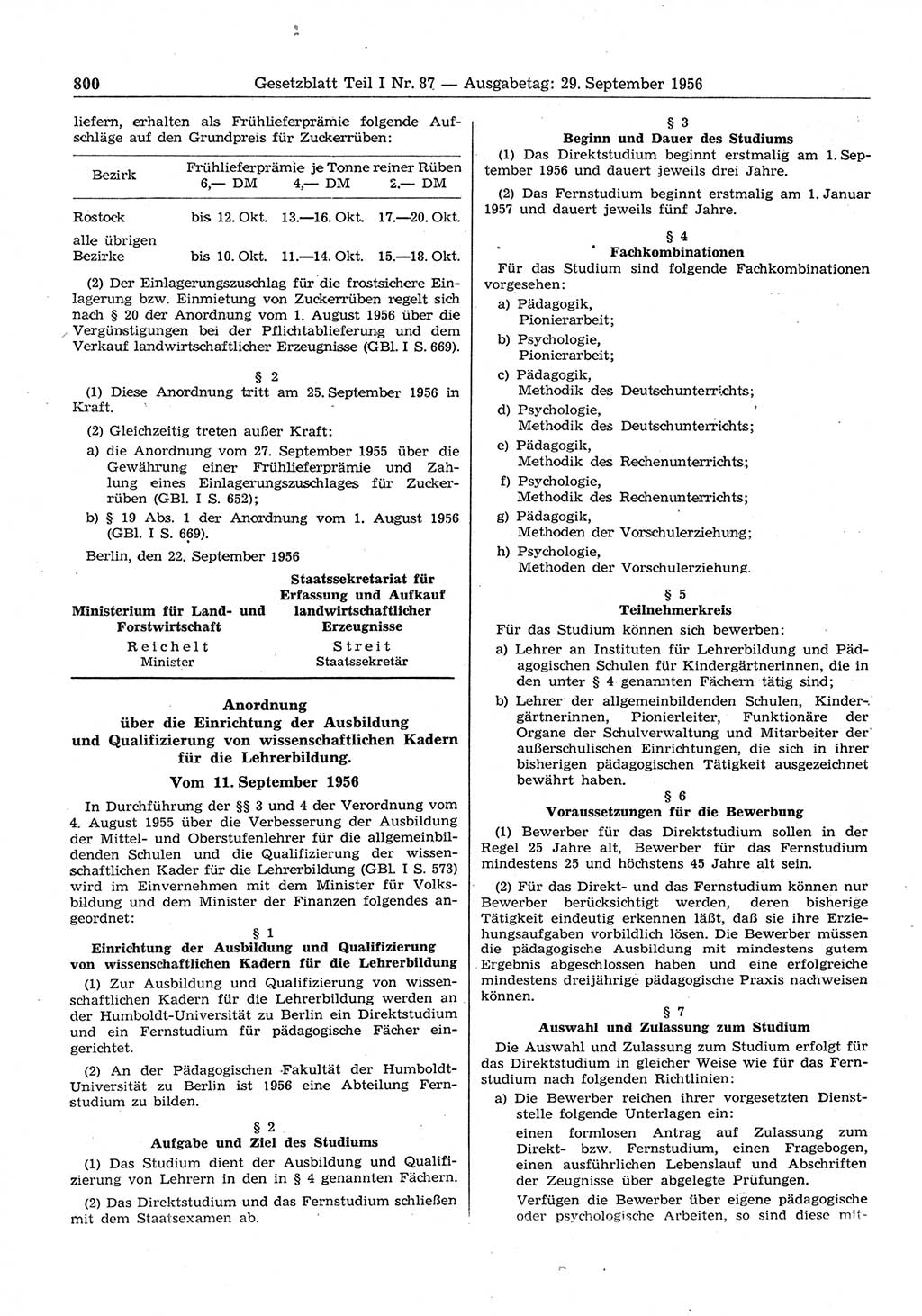 Gesetzblatt (GBl.) der Deutschen Demokratischen Republik (DDR) Teil Ⅰ 1956, Seite 800 (GBl. DDR Ⅰ 1956, S. 800)