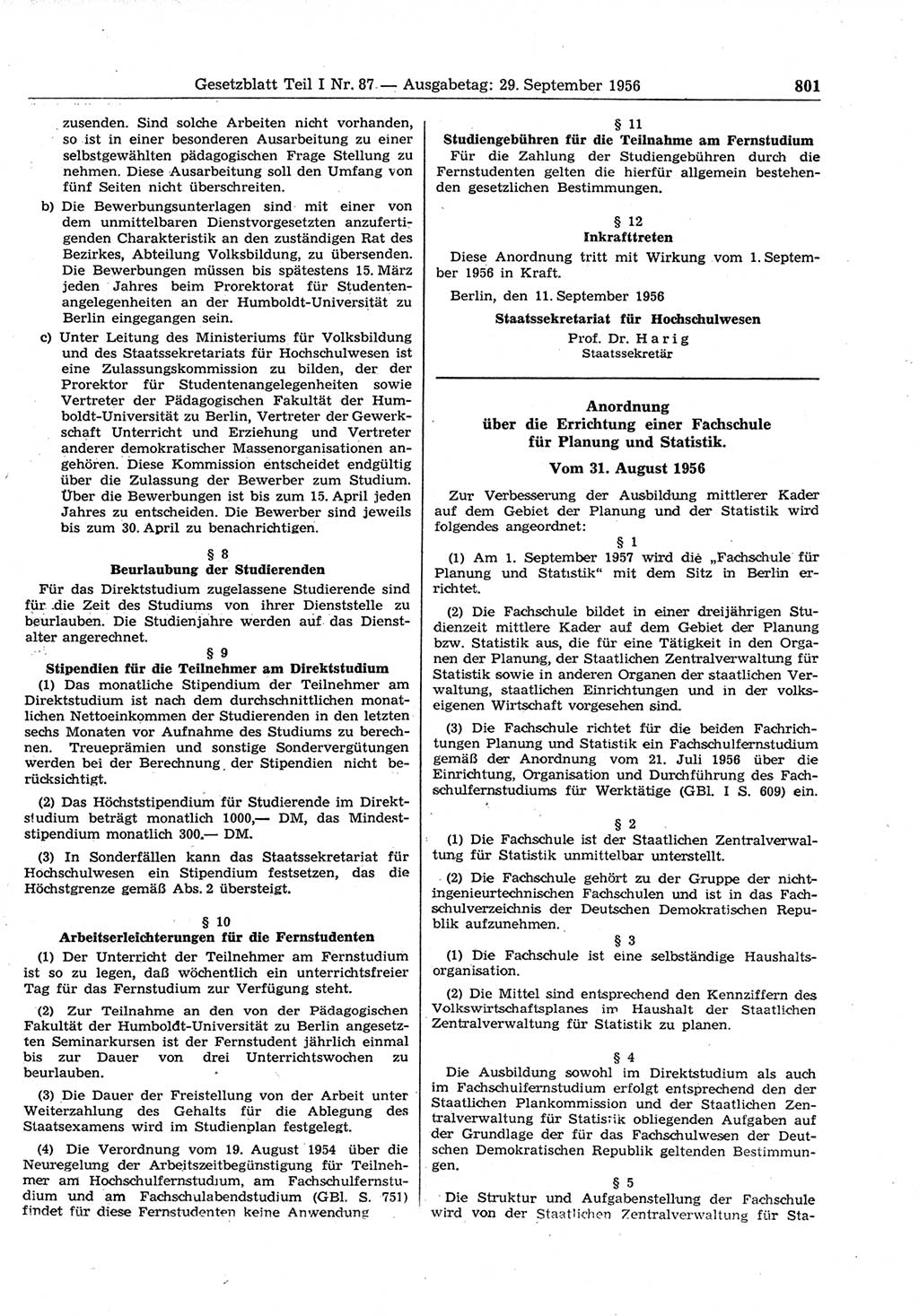 Gesetzblatt (GBl.) der Deutschen Demokratischen Republik (DDR) Teil Ⅰ 1956, Seite 801 (GBl. DDR Ⅰ 1956, S. 801)
