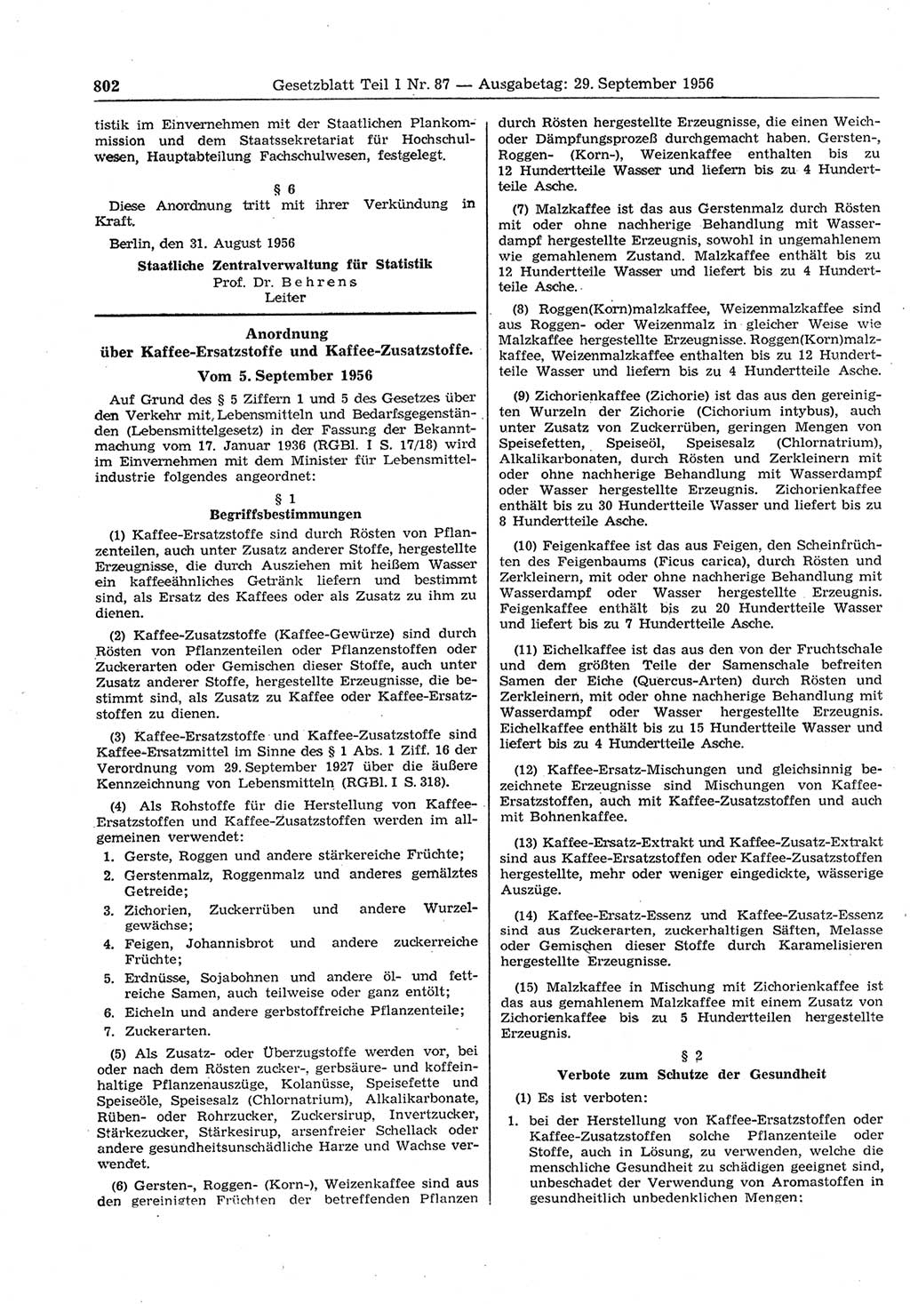 Gesetzblatt (GBl.) der Deutschen Demokratischen Republik (DDR) Teil Ⅰ 1956, Seite 802 (GBl. DDR Ⅰ 1956, S. 802)