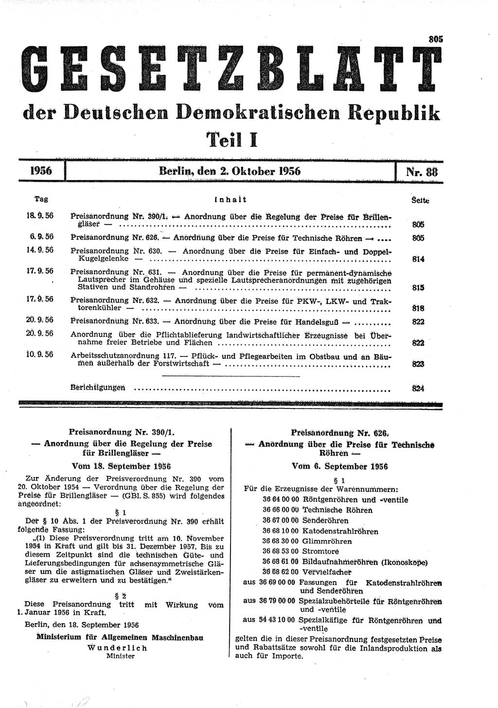 Gesetzblatt (GBl.) der Deutschen Demokratischen Republik (DDR) Teil Ⅰ 1956, Seite 805 (GBl. DDR Ⅰ 1956, S. 805)