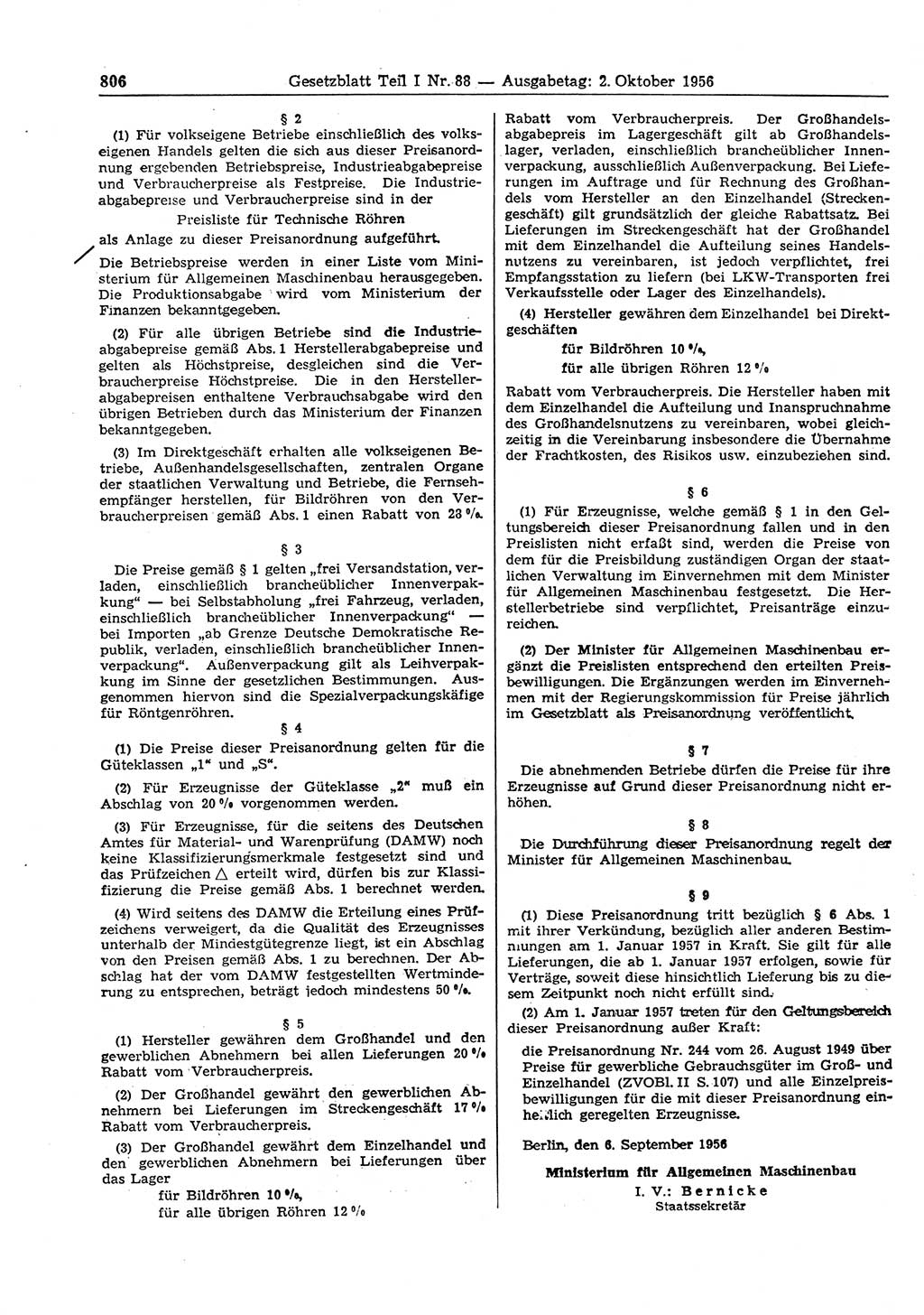 Gesetzblatt (GBl.) der Deutschen Demokratischen Republik (DDR) Teil Ⅰ 1956, Seite 806 (GBl. DDR Ⅰ 1956, S. 806)