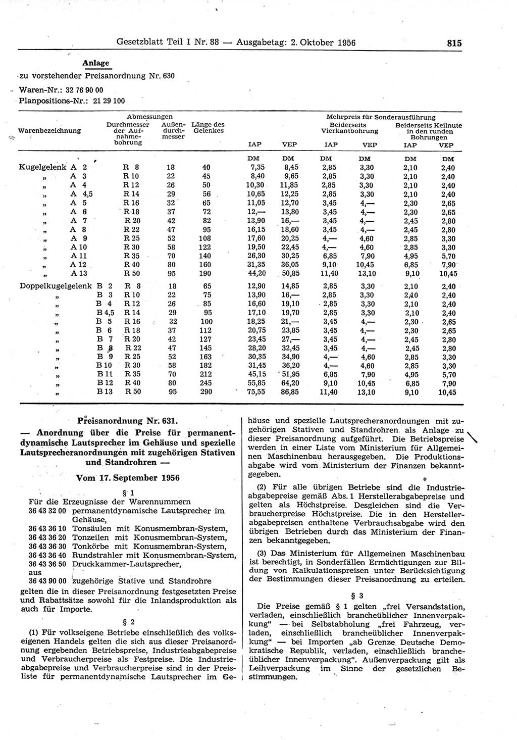 Gesetzblatt (GBl.) der Deutschen Demokratischen Republik (DDR) Teil Ⅰ 1956, Seite 815 (GBl. DDR Ⅰ 1956, S. 815)