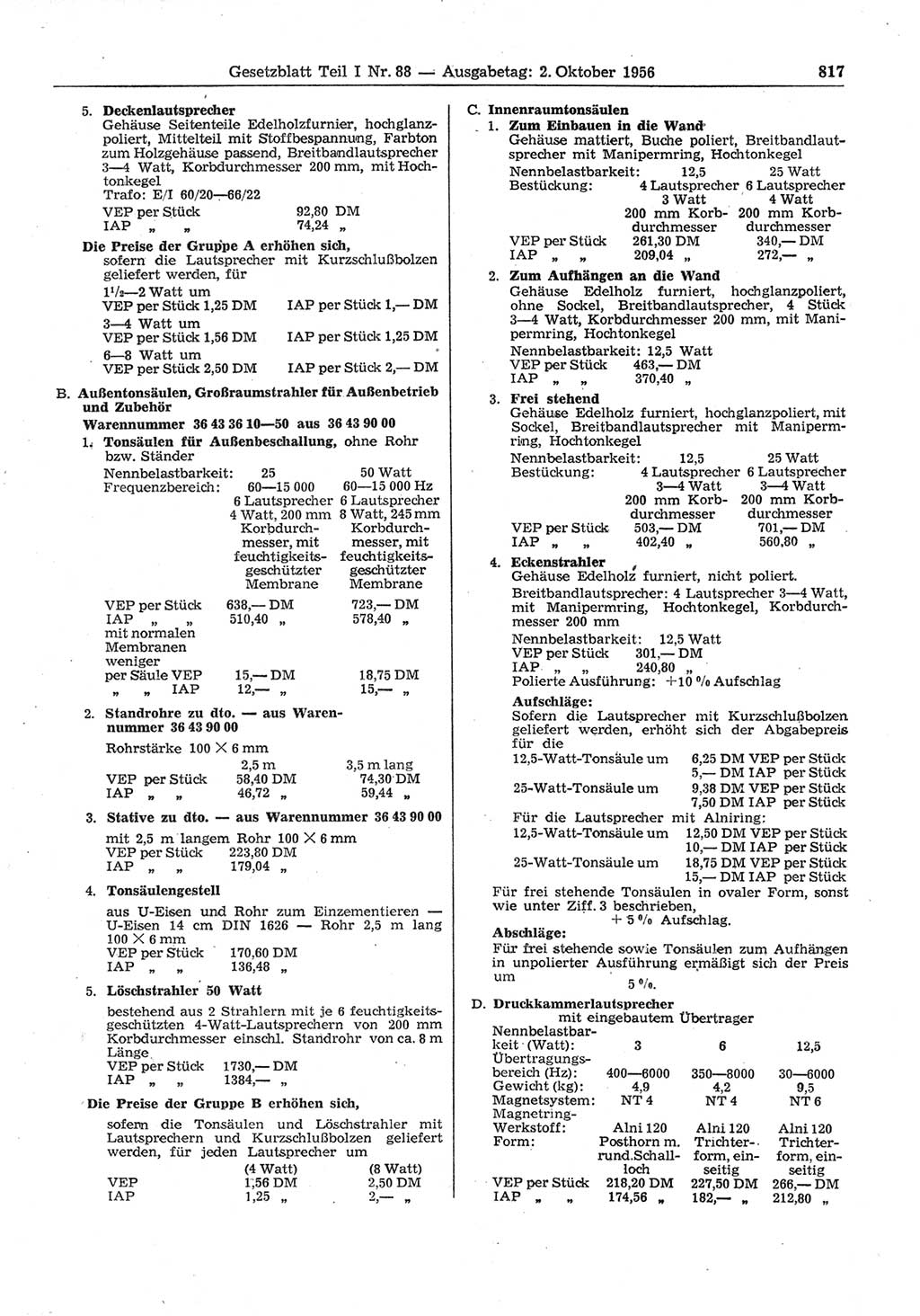 Gesetzblatt (GBl.) der Deutschen Demokratischen Republik (DDR) Teil Ⅰ 1956, Seite 817 (GBl. DDR Ⅰ 1956, S. 817)