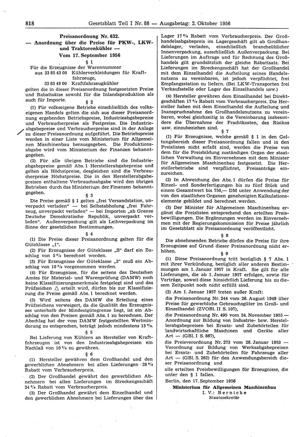 Gesetzblatt (GBl.) der Deutschen Demokratischen Republik (DDR) Teil Ⅰ 1956, Seite 818 (GBl. DDR Ⅰ 1956, S. 818)