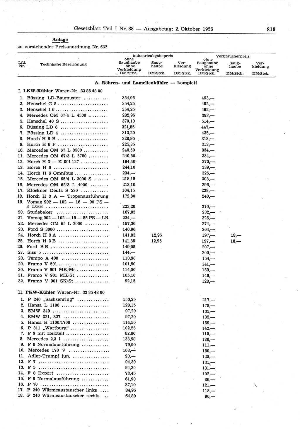 Gesetzblatt (GBl.) der Deutschen Demokratischen Republik (DDR) Teil Ⅰ 1956, Seite 819 (GBl. DDR Ⅰ 1956, S. 819)