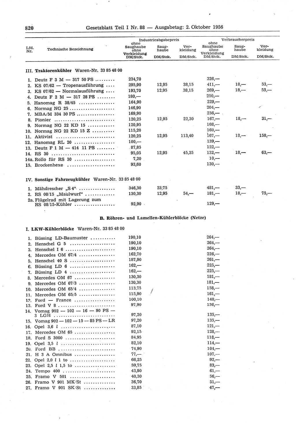 Gesetzblatt (GBl.) der Deutschen Demokratischen Republik (DDR) Teil Ⅰ 1956, Seite 820 (GBl. DDR Ⅰ 1956, S. 820)