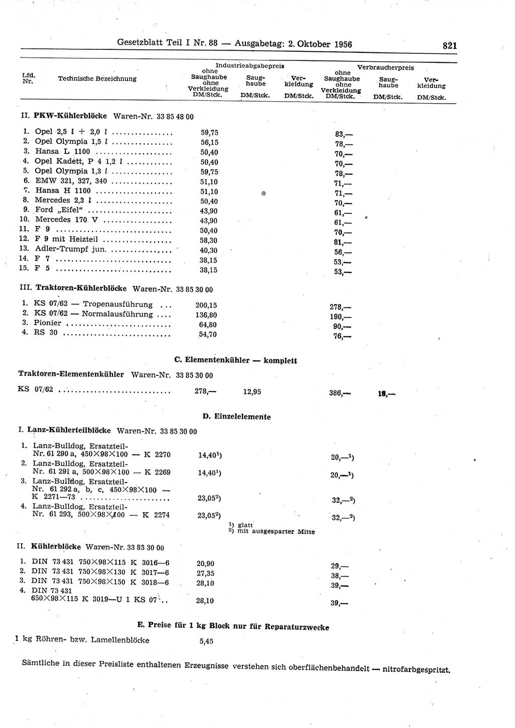 Gesetzblatt (GBl.) der Deutschen Demokratischen Republik (DDR) Teil Ⅰ 1956, Seite 821 (GBl. DDR Ⅰ 1956, S. 821)