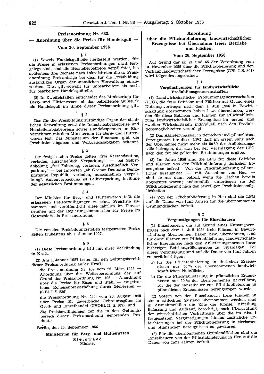 Gesetzblatt (GBl.) der Deutschen Demokratischen Republik (DDR) Teil Ⅰ 1956, Seite 822 (GBl. DDR Ⅰ 1956, S. 822)