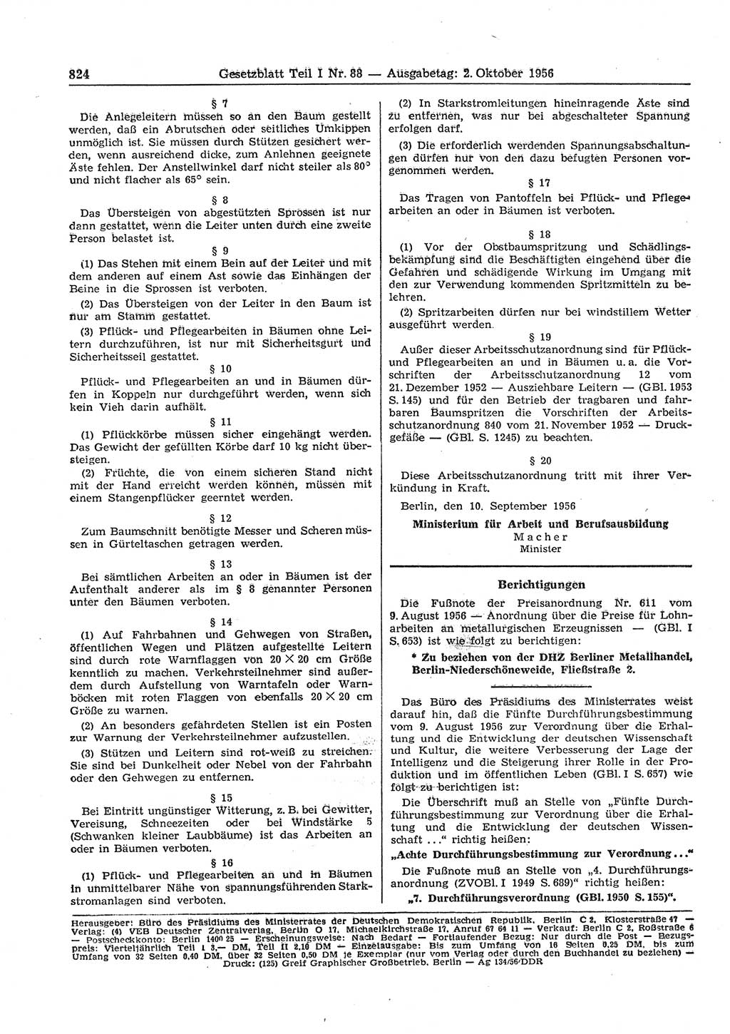 Gesetzblatt (GBl.) der Deutschen Demokratischen Republik (DDR) Teil Ⅰ 1956, Seite 824 (GBl. DDR Ⅰ 1956, S. 824)