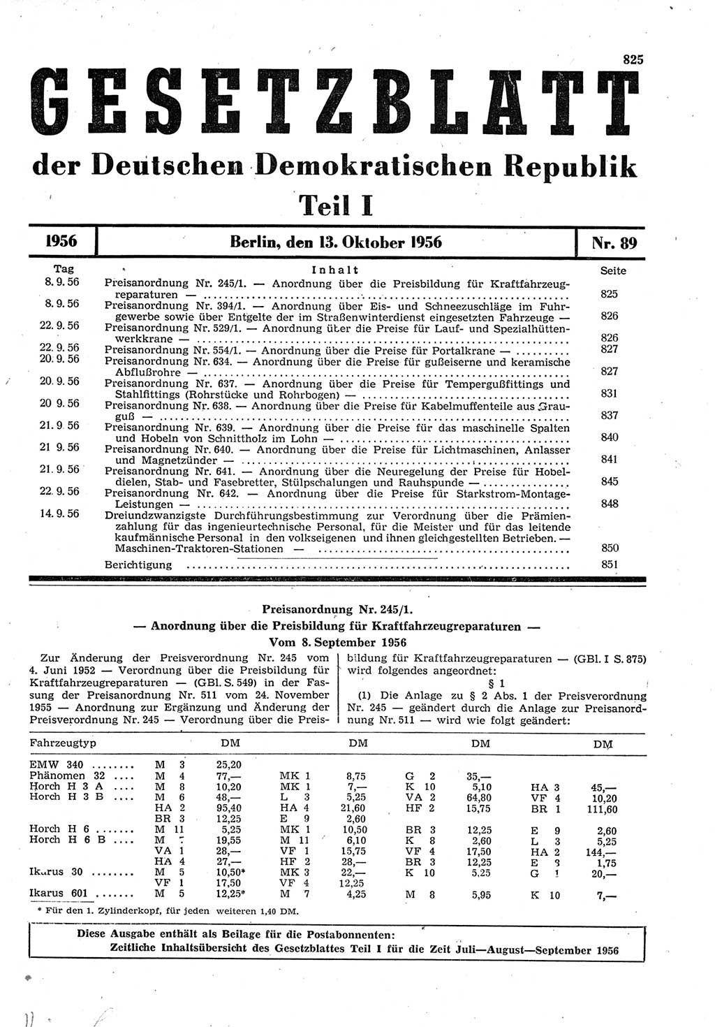 Gesetzblatt (GBl.) der Deutschen Demokratischen Republik (DDR) Teil Ⅰ 1956, Seite 825 (GBl. DDR Ⅰ 1956, S. 825)